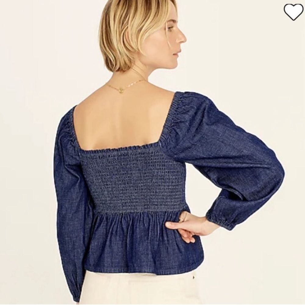 NWT J. Crew Puff-Sleeve Chambray Smocked Top denim blue size small - Picture 2 of 16